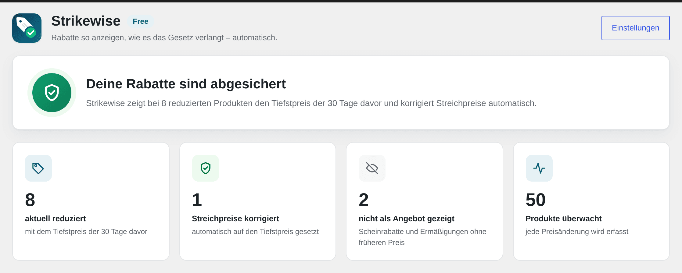 Strikewise-Übersicht mit der Status-Kachel „Deine Rabatte sind abgesichert“ und Kacheln für reduzierte, korrigierte und nicht als Angebot gezeigte Produkte
