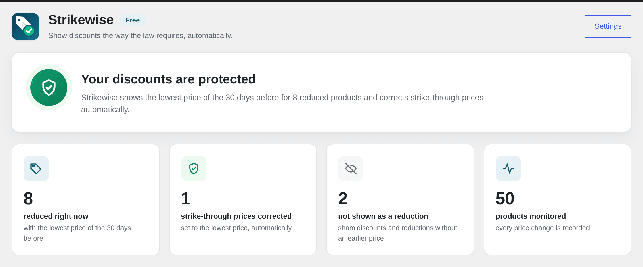 Strikewise overview with the status card “Your discounts are covered” and tiles for reduced, corrected and hidden products