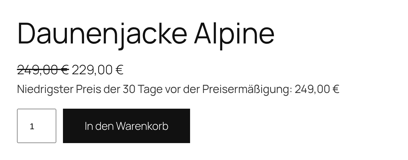 Produktseite mit Streichpreis 249 Euro, Preis 229 Euro und dem Hinweis auf den niedrigsten Preis der 30 Tage