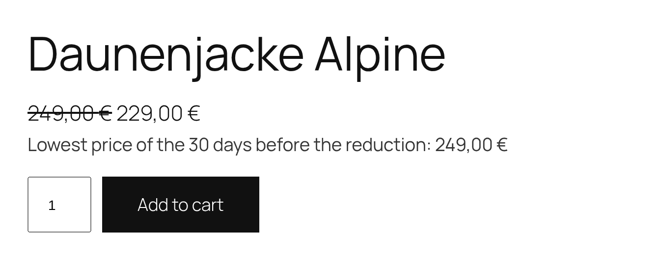 Product page with strike-through price €249, price €229 and the notice of the lowest price of 30 days
