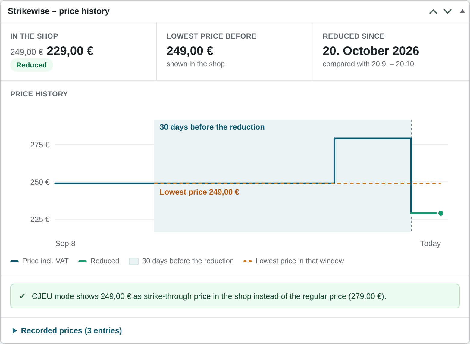 Price history in the product editor: chart with the 30-day window, lowest price €249 and a CJEU mode hint